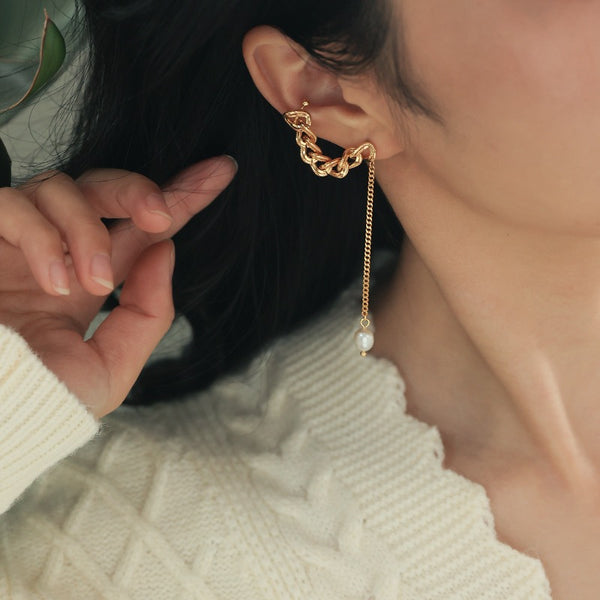 Chain Clip-on Earrings with Tassel and Pearl Inlay